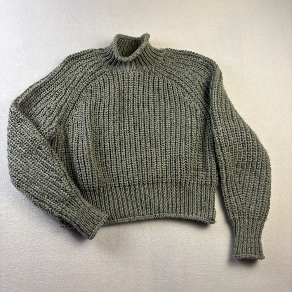 H&M Sweater Women S Green Chunky Ribbed Knit Mock Neck Cropped Cozy Fall Winter